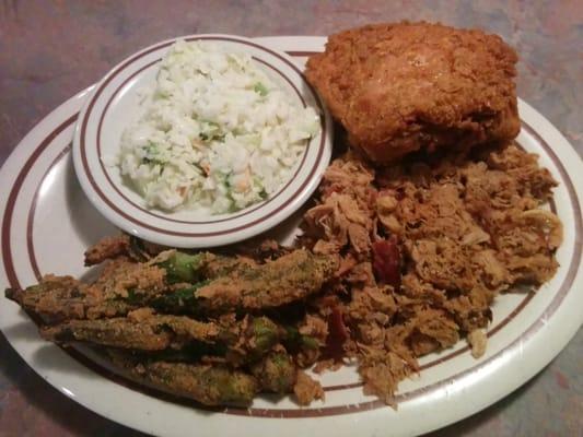 Barbecue, fried chicken, slaw and Fried Okra.  The best!