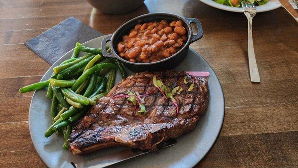 Thursday steak night. 16 oz bone in ribeye, salad, 2 sides, dessert