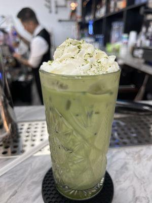 Matcha cream tea served with simple syrup to sweeten to your taste