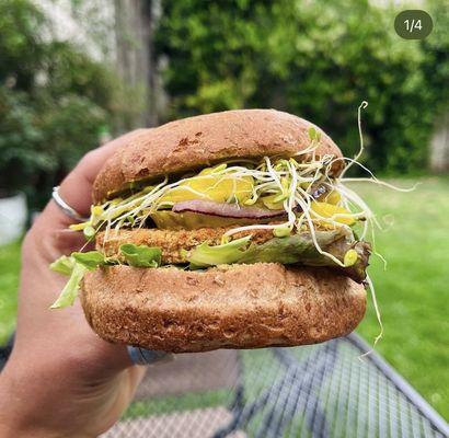 Chick'n Burger on a sprouted whole wheat bun!