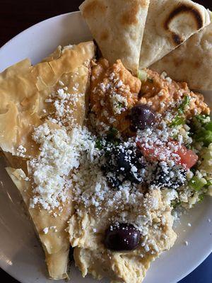 Sampler Platter with spanakopita, 2 types of hummus & tabouli