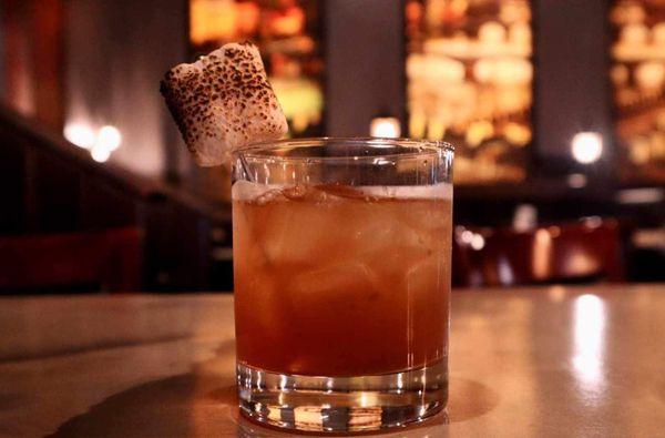 Toasted marshmallow Old Fashioned made with homemade toasted marshmallow simple syrup