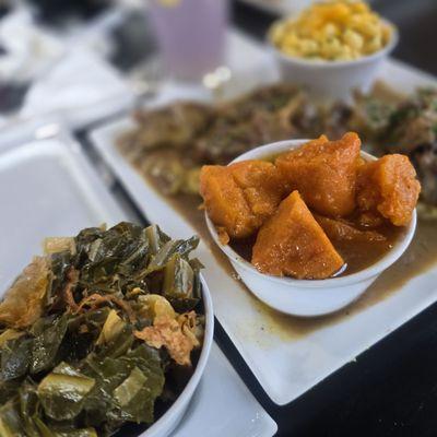 Collard Greens, Yams, Mac n Cheese, Oxtails