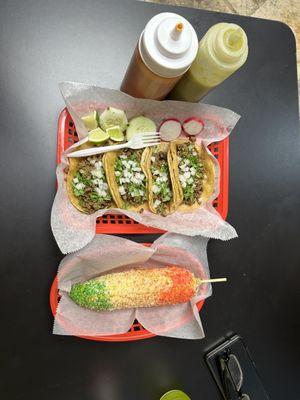 Carne asada tacos, elote (colors for Mexican Independence Day)