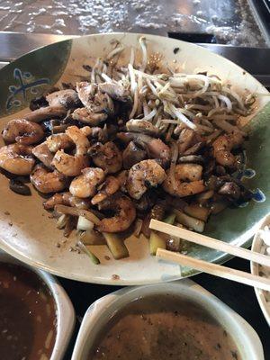 Shrimp, chicken, and steak hibachi.