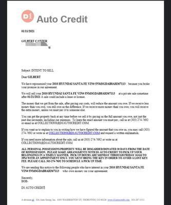 Intent to sell letter I got same day they took car