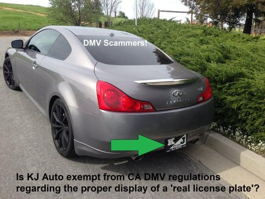 Phony KJ Auto license plate on rear of vehicle while a real CA license plate is mounted on the front of this 2008 Infiniti G37S.