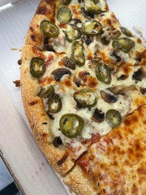 Hand tossed pizza half sausage, mushroom and jalapeño/half cheese DELICIOUS!!