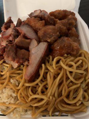 Half n half with orange chicken and bbq pork.