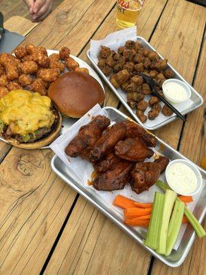 Wings, fried okra and a burger dinner