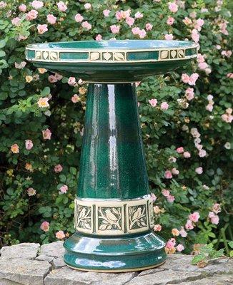 Juniper Green Gloss Glazed Ceramic Birdbath Set