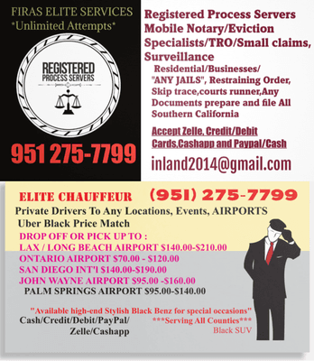 If you need A Muslim Registered Process Server  /Mobile Notary Public or a Private Driver, call us  951 275-7799