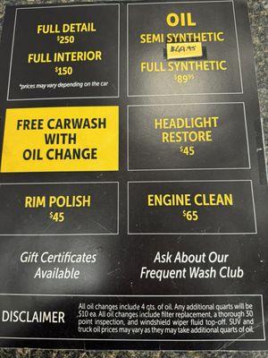 Wash Services Menu