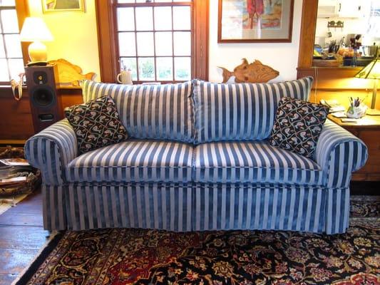 Sofa with a velvet striped fabric. Upholstered by Cape Cod Upholstery Shop - Located in South Dennis, MA 02660