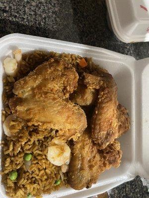 Shrimp fried rice and wings