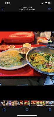 Fajita chicken Enchilada Plate and a Fajita Chicken Salad