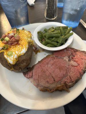 Prime Rib with Loaded Baked Potato and green beans