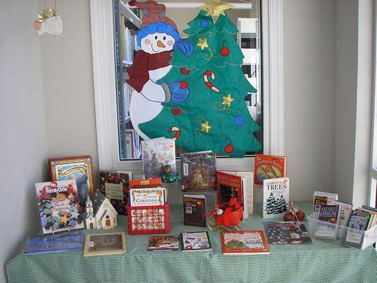 Christmas books on display in the foyer