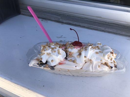 Twinkie sundae. Deep fried Twinkie topped with ice cream, hot fudge, whipped cream and peanuts. It is huge and delicious