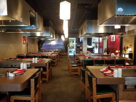 Dining area with 10 hibachi tables and 5 regular tables