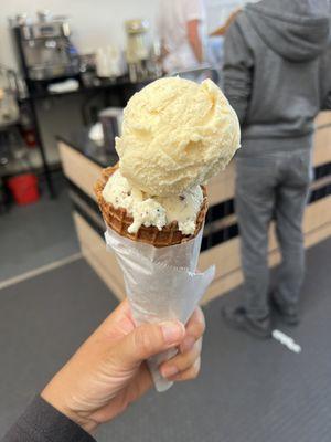 Brown sugar buttermilk and mint chip on waffle cone