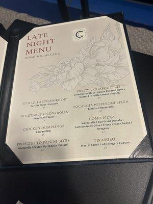 Late Night food menu