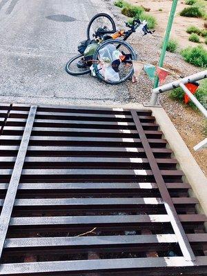 Sadly, the overnight rain which forced me inside the picnic area also left metal cattle guards damp--and SLICK!