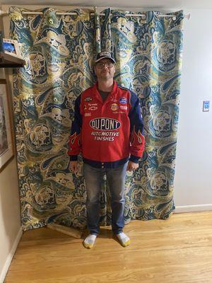 Here I am wearing my Dads old NASCAR jacket. I seem to have lost my shoes...