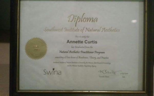 Diploma from southwest institute of natural aesthetics