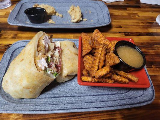 Chicken bacon ranch wrap with sweet potato fries