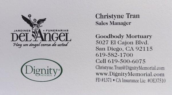 Business card of the kind lady that made my arrangements...