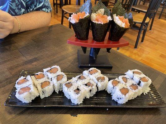 Salmon rolls and salmon hand rolls!