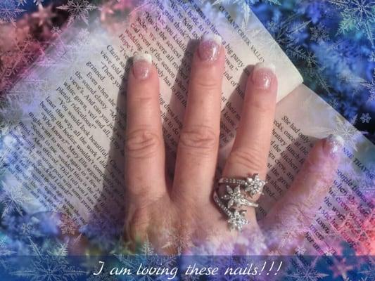 No odor acrylic nails (pink and white) with a sparkle gel top coat by Melissa Solovy