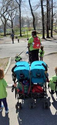 Crossing the road so the children can run freely.