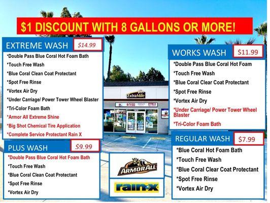 Car wash options. Can purchase a wash at the pump, register, or wash entrance.