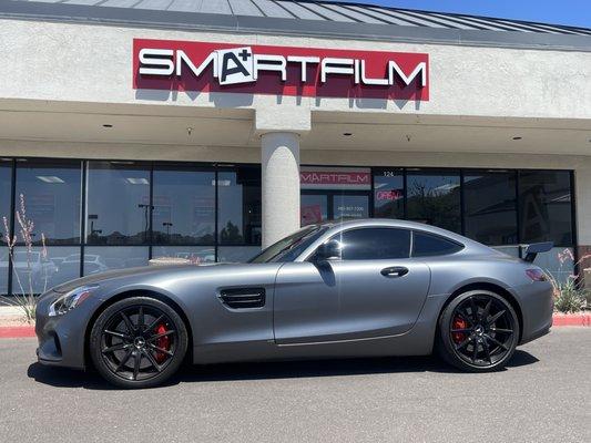 This full satin wrapped AMG GT S got gussied up with new XPel XR Plus window tint including the sunroof and windshield #smartfilm