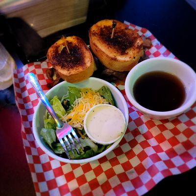 French dip on garlic bread with au jus and side salad. So good!