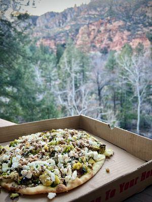 Naan pizza with Brussels sprouts & feta.