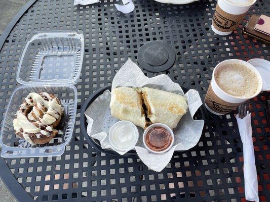 Coffee, breakfast burrito, and pastry