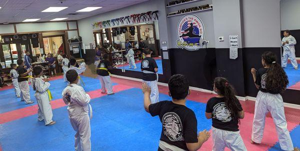 Ages 6 to 14 practicing Taekwondo in the No Belt to Green Belt Class