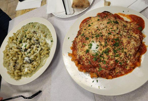 Pesto with mushroom & Eggplant Parm with curly pasta, marinaria sauce