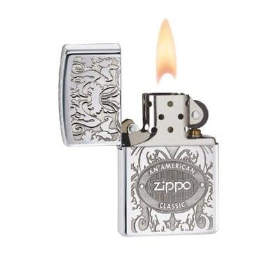 Zippo lighters with many different designs and emblems.