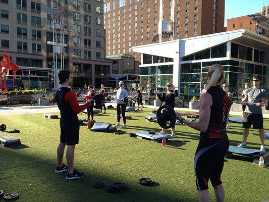 Outdoor group workout downtown Raleigh.