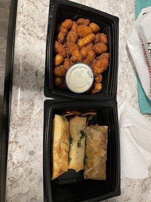 Cheese curds and avocado egg rolls