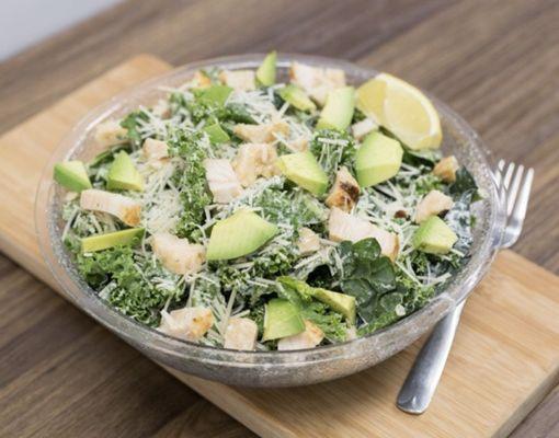 Kale Caeser: Kale, Croutons, Parmesan Cheese, Lemon Squeeze With added avocado and chicken