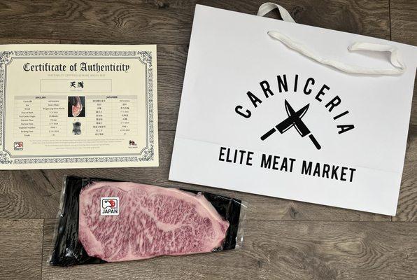 A5 Wagyu New York Steak Strip from Japan with complimentary Certificate of Authenticity and a clean handbag