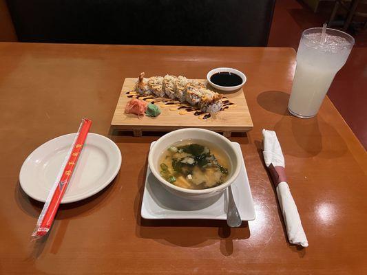 Miso Soup, Fuji Roll, Lemonade