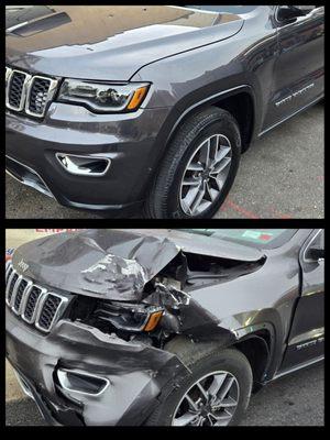 Below is the accident and the top is after it was fixed by NO LIMIT AUTOBODY in Queen village.