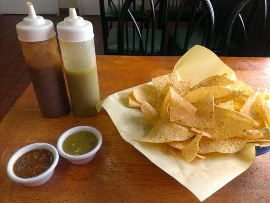 Chips and salsa--chips served warm, both salsas super spicy!! I love it already!