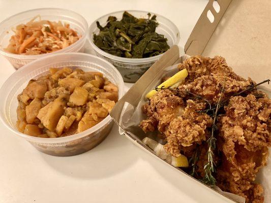 "The Elm City's" Best Fried Chicken Plate, with Sweet Candied Yams and Smoked Turkey Collard Greens. In the back is a side of Haitian Picklz